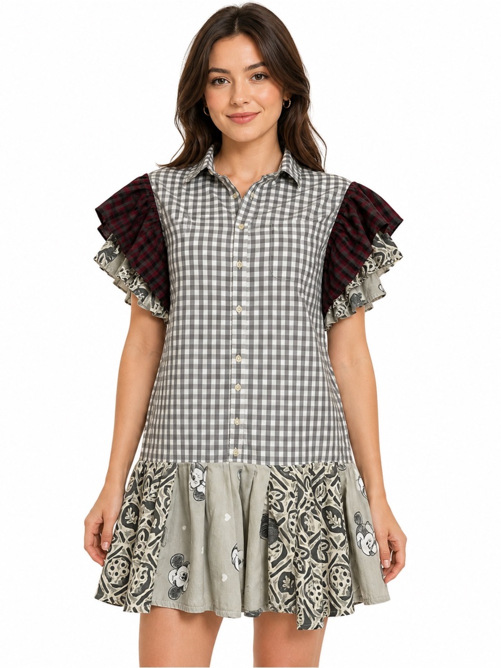 Upcyle Patchwork Flannel Ruffle Shirt Dress Womens SZ L Dopamine Eclectic Lagen